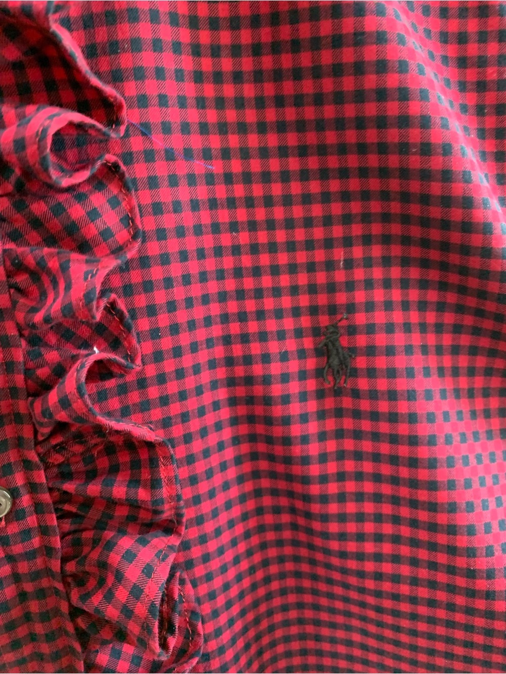 Ralph Lauren Burgundy and Black Gingham Ruffle Button-Down Shirt - Picture 7 of 7
